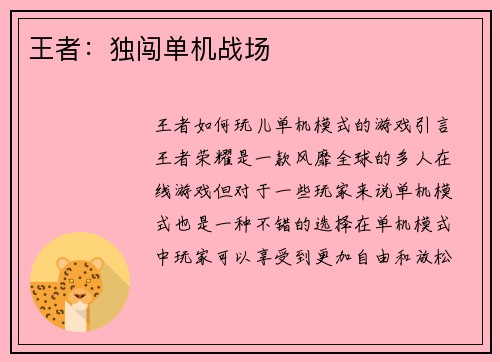王者：独闯单机战场
